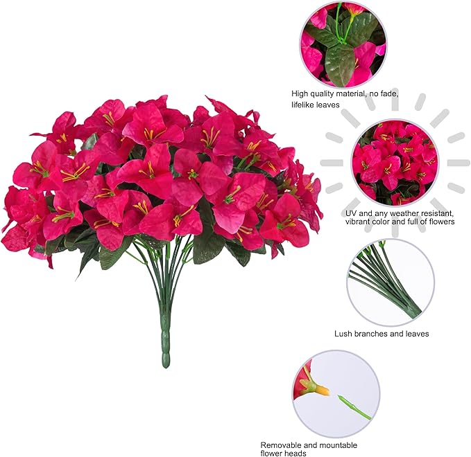 Ivydale Artificial Flowers for Outdoors, 4 Bundles Fake Bougainvillea Flower UV Resistant Silk Flowers for Outside, Outdoor Faux Plants for Planter Patio Porch Window Garden Home Decoration (Hotpink)