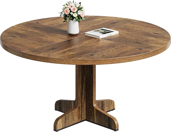 IDEALHOUSE Round Dining Table for 4, 47 Inches Circle Dining Room Table with Wooden Base for Kitchen, Living Room (Table Only), Brown
