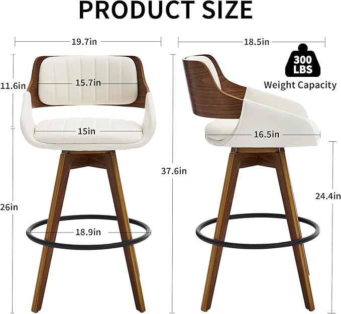 Swivel Bar Stools Set of 2, Walnut Counter Height Bar Stools with Back and Arms, 26" Modern Faux Leather Upholstered Bar Chairs for Kitchen Island Bar-Beige