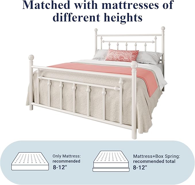 Allewie 14 Inch Full Size Metal Platform Bed Frame with Victorian Vintage Headboard and Footboard/Mattress Foundation/Under Bed Storage/No Box Spring Needed/Easy Assembly/Noise Free/White