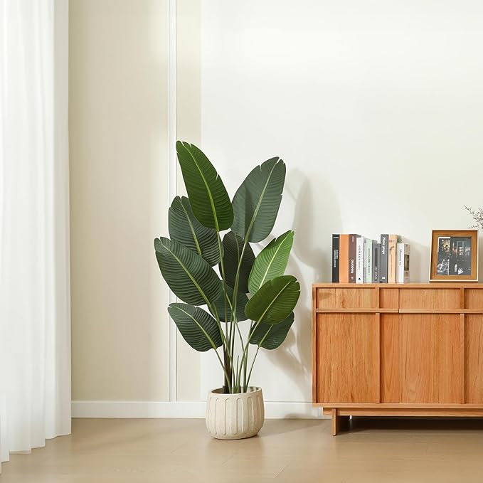 Artificial Bird of Paradise Plants 5Ft Fake Tropical Palm Tree with 10 Trunks in Pot and Woven Seagrass Belly Basket Perfect Faux Plant for Home Indoor Outdoor Office Modern Decor Green 2 set