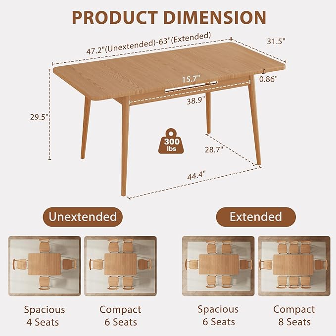 Solid Wood Extendable Dining Table for 4-8 People with Seamless Extension from 47.2 to 63 Inches, Easy Assembly, Expandable Tables for Small Spaces, Dining Room, Kitchen, Living Room, Natural