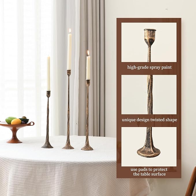 Iron Antique Gold Candlestick Holders, Set of 3 Candle Stick Holders,Fits 3/4 inch Thick Candle&Led Candles, Vintage Modern Decorative Centerpiece for Dining Table Centerpiece, Wedding, Party Decor