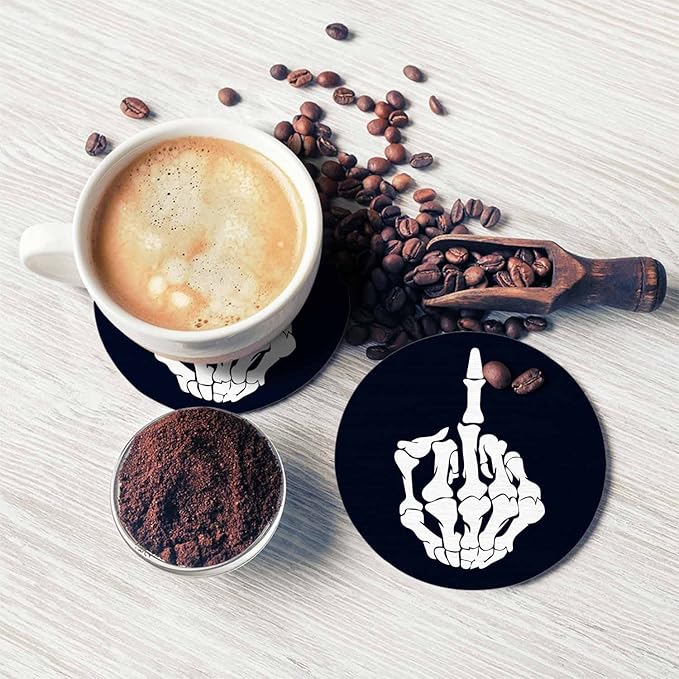 Hand Posing Anti Slip Coasters Human Skeleton Bone Isolated Cool Symbol Cups Place Mats for Table Home Decor 4 Inches Living Room Kitchen Coffee Table,2 Pcs