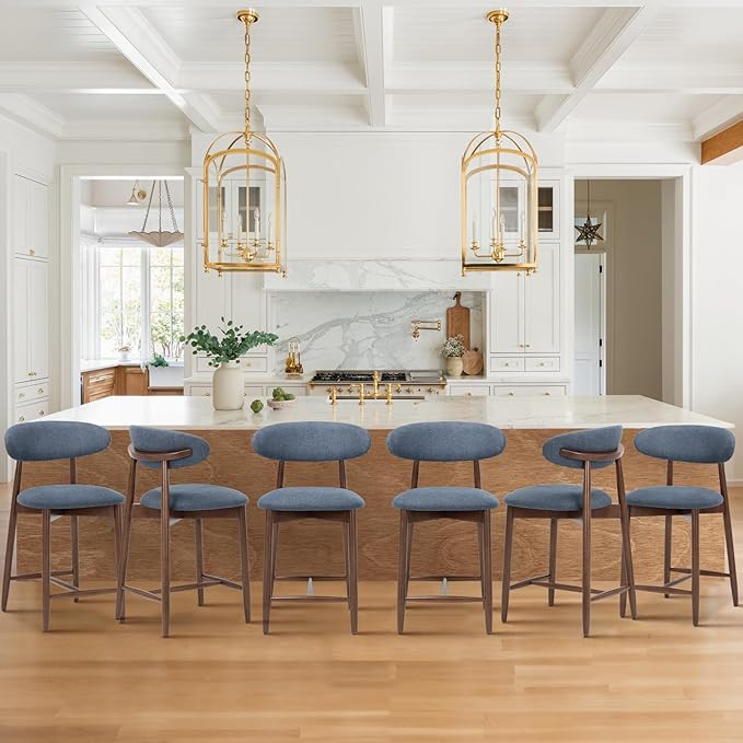COLAMY Upholstered Counter Height Bar Stools Set of 6, Kitchen Island Stools with Back, Modern Counter Stools Island Bar Chairs with Wood Legs for Kitchen Island Dining Room Bar, Blue