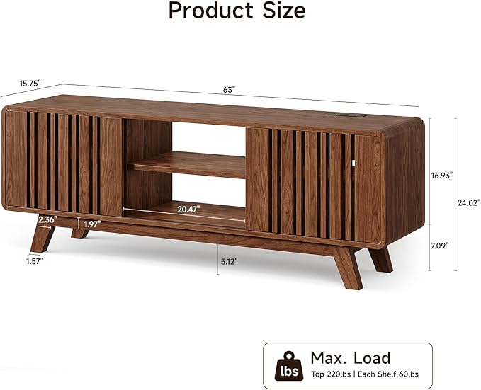 Mid-Century Modern Television Stand for 55/65/70 inch TV, 63” TV Stand with Power Outlet for Living Room, Entertainment Center with Sliding Grille Door Cabinets and Open Shelves, for Bedroom, Walnut