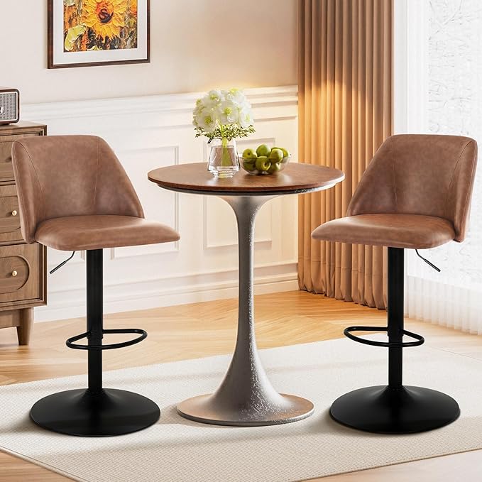 COLAMY Bar Stools Set of 6, Modern Swivel Bar Chairs, Adjustable PU Leather Upholstered Barstools Counter Height with Full Backrest for Bar, Dining Room, Kitchen Island, Brown