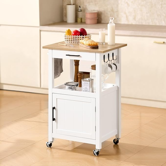VEVOR Kitchen Island Cart with Single Door Cabinet, Mobile Carts with Drawer, Towel Rack, Hooks, Portable Table on Swivel Wheels, Small Coffee Islands Microwave Stand for Dining Room, 18x23 in, White