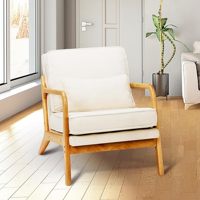 COLAMY Mid Century Modern Accent Chair with Lumbar Pillow, Relaxing Armchair with Solid Wood Frame & Soft Cushion, Reading Leisure Chair for Living Room,Bedroom,Waiting Room（Beige）