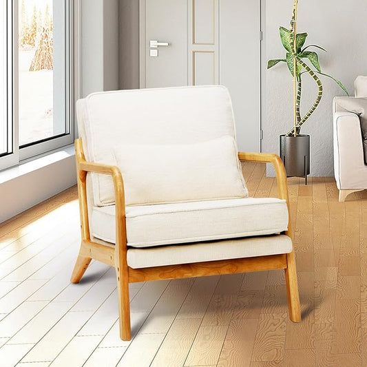COLAMY Mid Century Modern Accent Chair with Lumbar Pillow, Relaxing Armchair with Solid Wood Frame & Soft Cushion, Reading Leisure Chair for Living Room,Bedroom,Waiting Room（Beige）