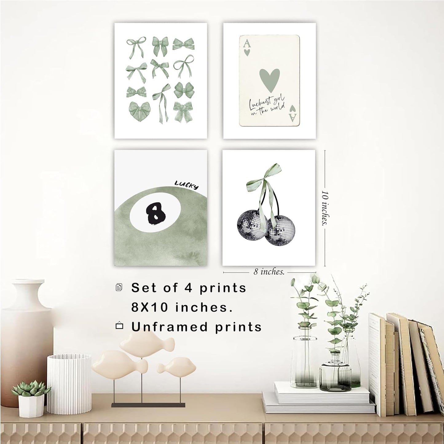 okaxscm Sage Green Coquette Trendy Preppy Wall Art Prints Set of 4, Coquette Preppy Room Decor Aesthetic, Green Bow Disco 8 Ball Cherry Wall Decor Posters for Girls Bedroom Dorm, 8x10 Unframed