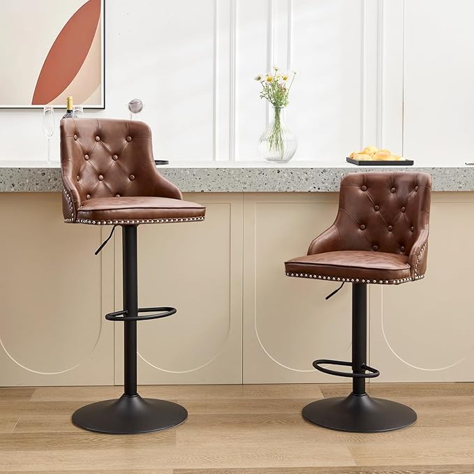Modern Counter Stools Set of 2, Swivel Counter Height Bar Stools with Back and Armrests, 25'' to 33'' Adjustable Height PU Leather Bar Chairs with Rivets for Kitchen Island, Light Brown