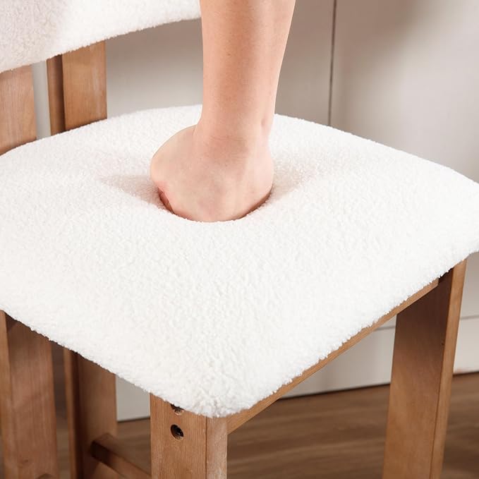 Upholstered Farmhouse Counter Height Bar Stools Set of 2 White Sherpa Barstools with Back/Solid Wood Legs, Modern Bar Chairs for Kitchen Island/Home Bar/Pub, 26 Inch