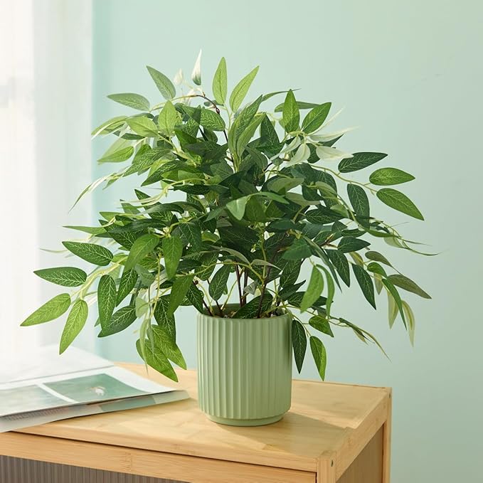 Small Fake Plants 16 Inch Eucalyptus Stems Artificial Plant in Offwhite Leather Woven Planter with Polished River Rocks Evergreen Faux Plant indoor for Home Bathroom Kitchen Decor (WILLOW-GREY)