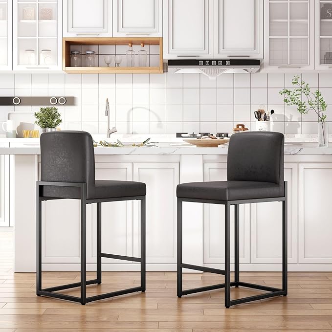 Sophia & William Black Bar Stools Set of 2, Counter Height 24" Bar Stools with Backs,Modern PU Leather Kitchen Island Stools