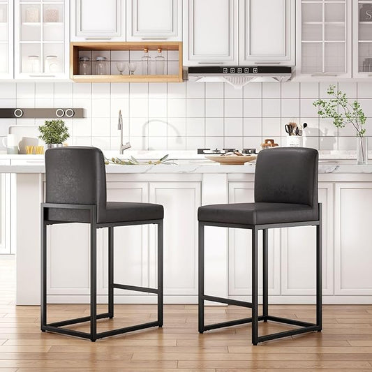 Sophia & William Black Bar Stools Set of 2, Counter Height 24" Bar Stools with Backs,Modern PU Leather Kitchen Island Stools