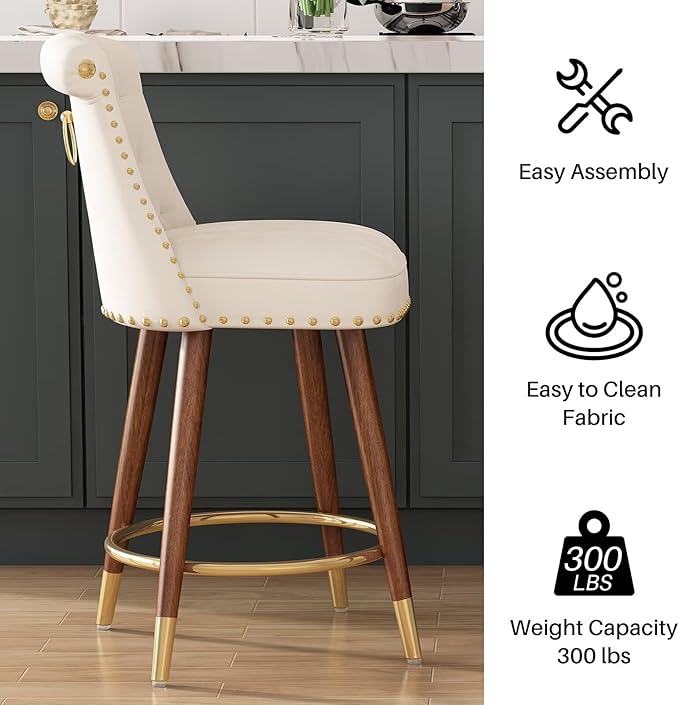 24" Counter Height Bar Stools Set of 2, Swivel Counter Stools with Back, Upholstered Velvet Stools for Kitchen Counter with Wood Legs, Fabric in Off-White