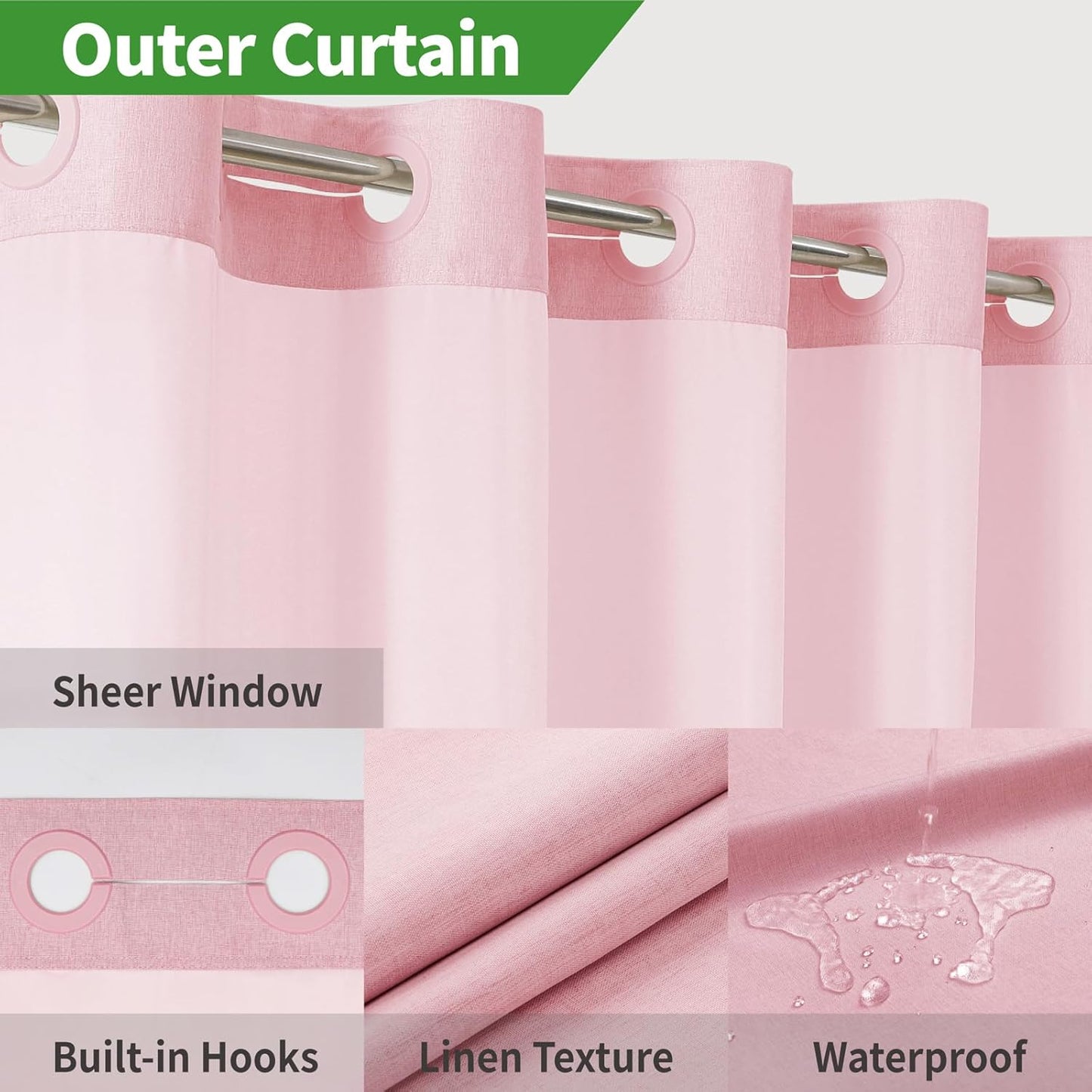 Long No Hooks Needed Linen Textured Shower Curtain with Snap-in Fabric Liner Set,Hotel Luxury Decor Shower Curtains for Bathroom,Waterproof & Washable,71Wx80H,Pink