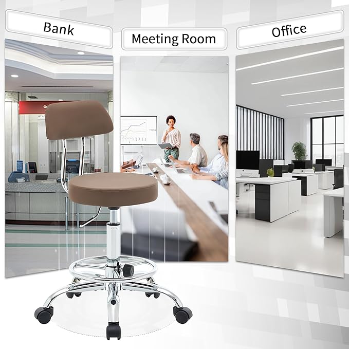 Office Drafting Chair (Rolling Office Stool) (Adjustable Height Footrest Massage Chair 19.5"-26.6") Lab Stool with Back (Coffee Brown)