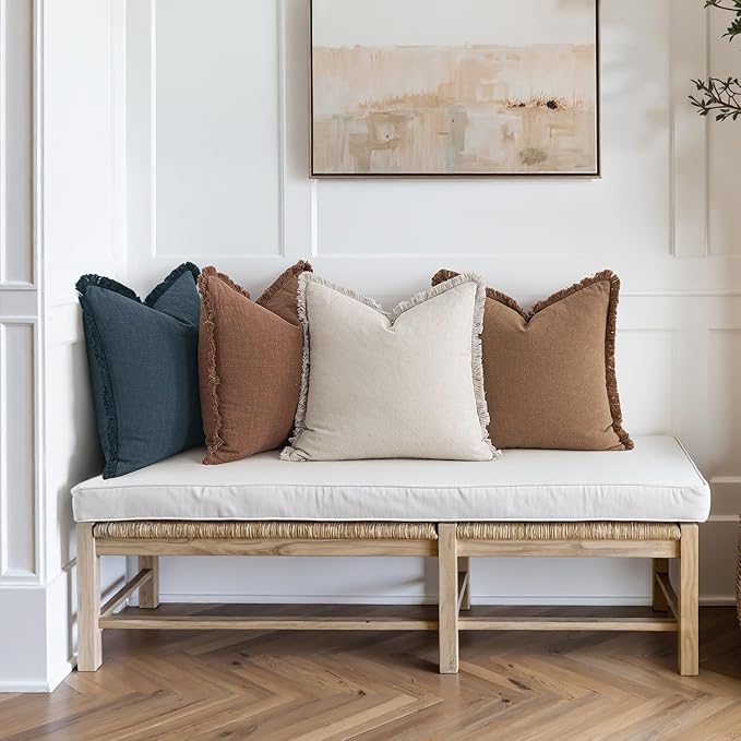 MIULEE Decorative Couch Pillow Covers Neutral Linen Fringe Throw Pillows Set of 4 Modern Rustic Cushions Boho Farmhouse Pillowcases for Bed Sofa Living Room Home Decor 18x18 Inch Beige/Brown/Blue
