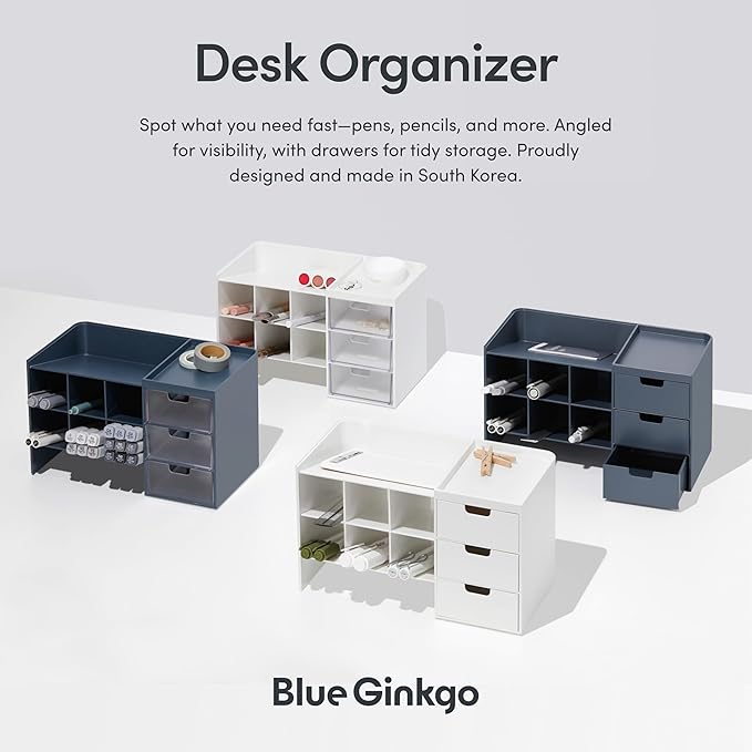 BLUE GINKGO Hive Stack Desk Organizer – Stackable Pen Holder, Stationary Organizer with Drawers - Office Storage, School Supplies, Makeup (Made in Korea, Blue)