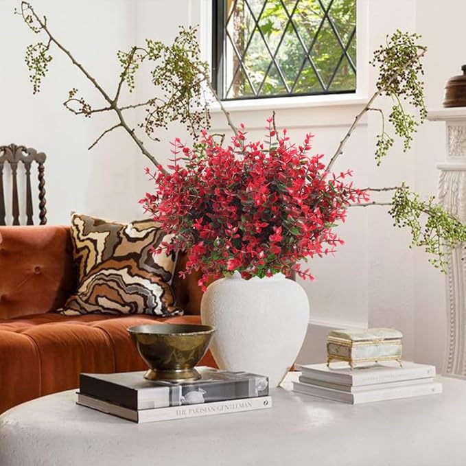 RECUTMS Ferns Artificial Plants Artificial Plants & Greenery Artificial Boxwood Plants Outdoor Uv Resistant Greenery for Outsid Artificial Ferns for Outdoors Eucalyptus Stems for Vase(Red Eucalyptus)