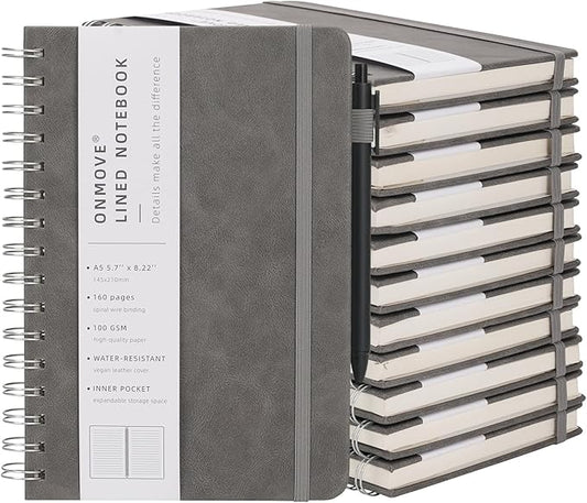 Spiral Notebooks Journal for Women Men 12 Pack Bulk Leather Hardcover with Pen Holder A5 160 Pages 100 GSM Thick Paper for Work School Lined Gray