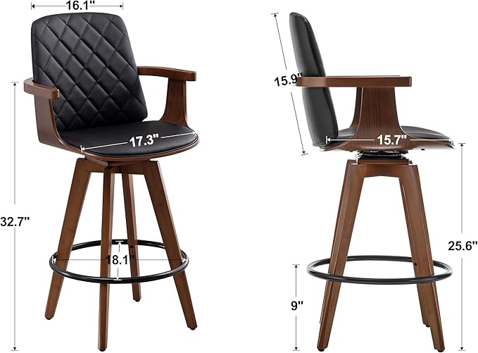 Counter Stools Set of 2, Upholstered Faux Leather Counter Height Bar Stools, Swivel Counter Chairs with Wooden Arms and Legs (Black, 26" Seat Height)