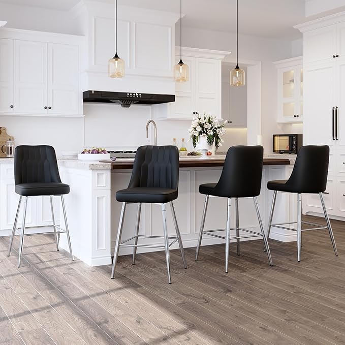 Bar Stools Set of 4,Counter Height Bar Stools with Back,Modern Faux Leather Kitchen Stools,27"Black Barstools with Stable Metal Leg,Armless Counter Height Chair for Kitchen Island,Coffee Corner