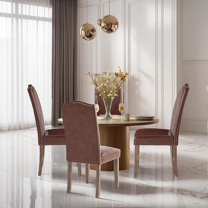 Stylish Upholstered Parsons Dining Chair PU Faux Leather with Silver Nailhead Trim and Sturdy Solid Wood Legs