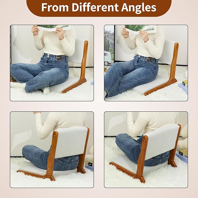 HollyHOME Floor Chair with Back Support, Foldable Japanese Style Floor Chair, Wood Legless Tatami Chair with Cushion, Accent Meditation Floor Seat for Bay Window, Living Room, Bedroom, Beige