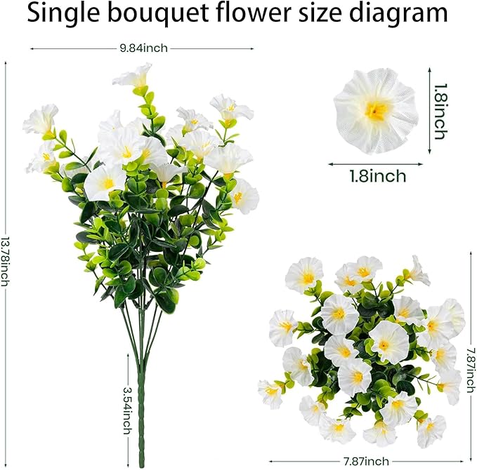 Artificial Outdoor Flowers 16 Bundles Fake Morning Glory Flower Outdoor UV Resistant Plastic Faux Flowers Plants for Decoration Indoor Outdoor Hanging Window Box Planter Home Porch Decor (White)