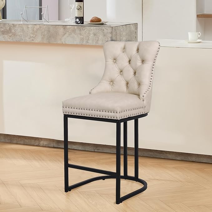 UVV Counter Height Bar Stools Set of 1, 26" Modern Barstools with Back, Faux Leather Upholstery Counter Chairs with Metal Legs for Kitchen Island, Bar, Counter, Beige