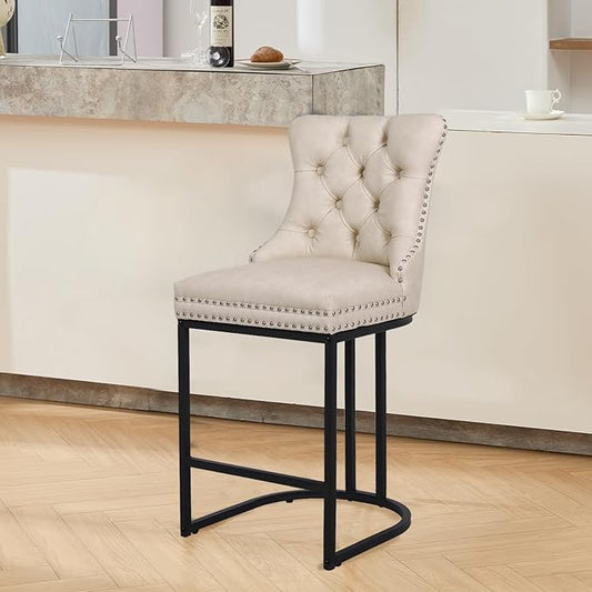 UVV Counter Height Bar Stools Set of 1, 26" Modern Barstools with Back, Faux Leather Upholstery Counter Chairs with Metal Legs for Kitchen Island, Bar, Counter, Beige