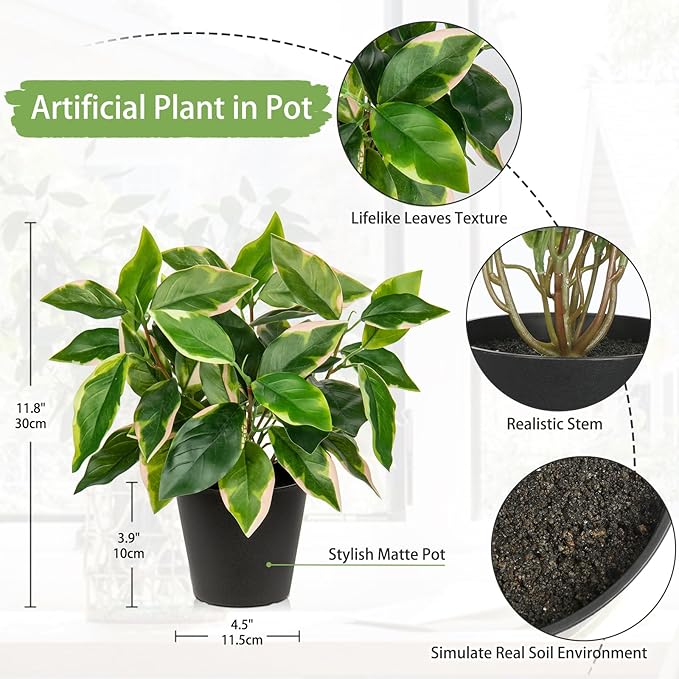 Artificial Plants Indoor Small Fake Plants in Pots Faux Pothos N‘ Joy Potted Plant Fake Indoor Plants with Black Pots for Bathroom Living Room Office Desk Shelves
