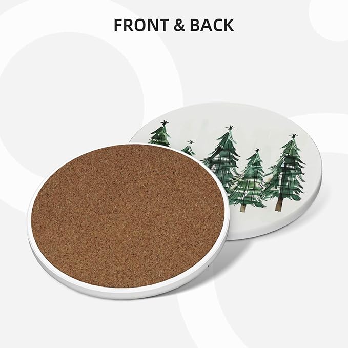 Christmas Xmas Tree Coasters for Drinks Absorbent Ceramic Coaster Set of 4 for Coffee Table Cup Bar Coasters with Cork Base Round Stone Mats Holiday Housewarming New Home Decors