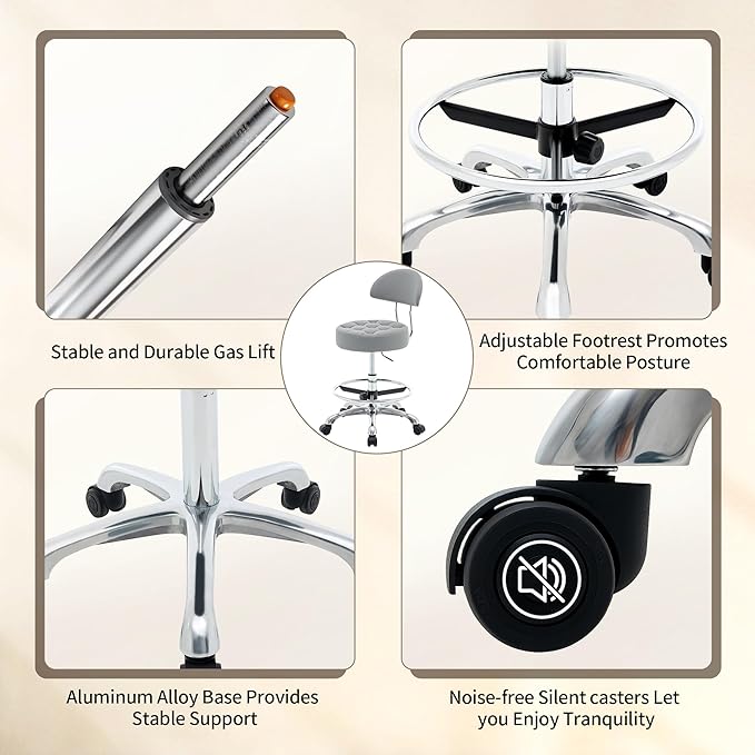 Tattoo Chair for Artist (Ergonomic Backrest and Footrest) (Quiet Wheels and Aluminum Base) Swivel Shop Stool (Gray)