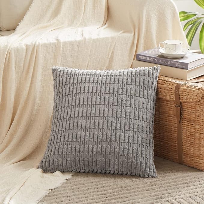 Fancy Homi 2 Packs Gray Farmhouse Decorative Throw Pillow Covers 18x18 Inch for Living Room Couch Bed Sofa, Rustic Boho Home Decor, Soft Striped Corduroy Square Cushion Case 45x45 cm
