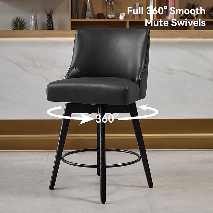Vipbear Counter Height Bar Stools Set of 2, 26" H Swivel Bar Stools with Backs, PU Leather Upholstered Bar Chairs with Solid Wood Legs for Kitchen Island, Dining Room, Home Bar, Black