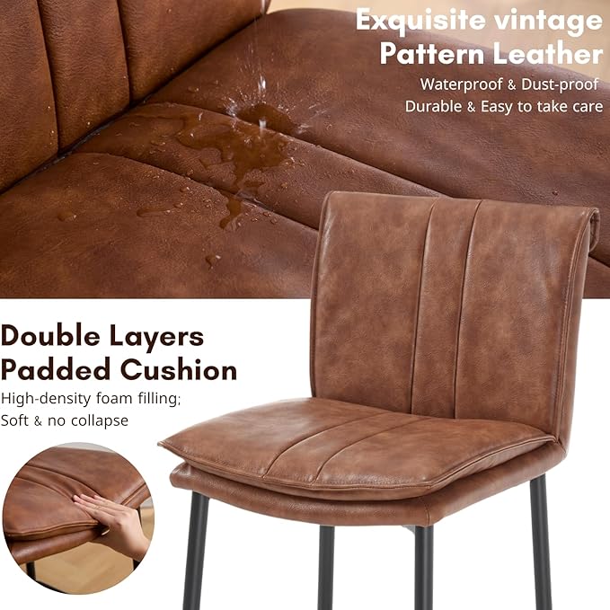 CIMOTA Leather Counter Height Bar Stools Set of 4, Modern 26 Inch Upholstered Barstools with Back and Metal Legs, Comfortable Kitchen Island Chairs, PU Brown