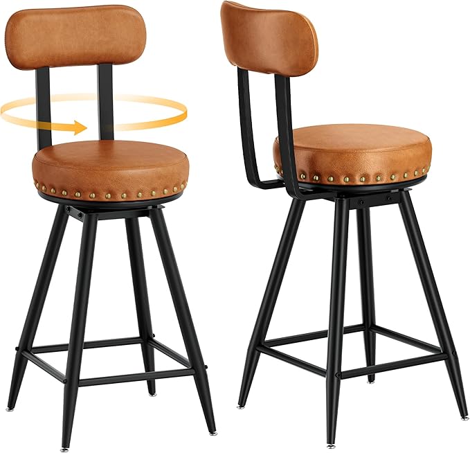 IRONCK Counter Height Bar Stools Set of 2, 30" Swivel Barstools with Backs, Hand-Riveted Design, Wide Seat, PU Leather Upholstered, Armless Bar Chairs for Kitchen Island, Brown