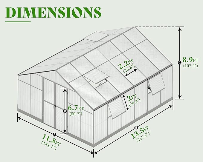 Jocisland 12x13.5x9 Polycarbonate Outdoor Aluminum Greenhouse - Quick Connect Fittings, 6.7 FT Height Bronze Double Doors, 4 Ventilation, Walk In Backyard Garden Greenhouse