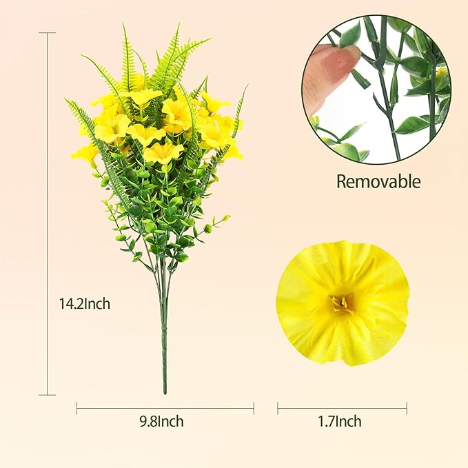 Artificial Flowers Outdoors 12 Bundles Yellow Artificial Petunias Fake Flowers UV Resistant Shrubs Plants with Fern for Indoor Outside Hanging Planters Home Garden Summer Decorations