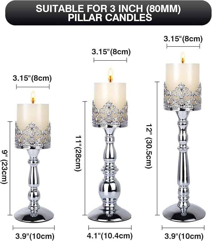 Candle Holders for Pillar Candles Set of 3 Silver Vintage Tall Candle Holders Decorative Large Table Centerpieces Candle Stand Decor