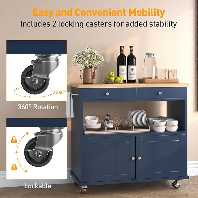 Rolling Kitchen Island with Storage Cabinet, 35.4'' Width Kitchen Cart, 2 Drawers Island Table, Portable Mobile Kitchen Island with Towel Rack, Wood Top and Lockable Wheels, Blue