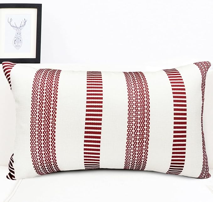 Decorative Throw Pillow Covers Set of 2 Wine Red Boho Striped Pillow Covers 12x20 Inch Throw Pillow Cover Linen Pillowcase Farmhouse Outdoor Pillow Covers for Couch Sofa Bed Living Room