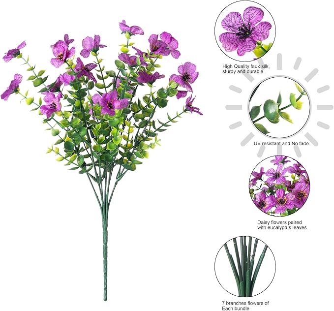 Artificial Fake Plants Flowers for Outdoor Outside Summer Decoration, 12 Bundles Faux UV Resistant Look Real Silk Purple Daisy for Porch Patio Home Window Box Yard Garden Planter