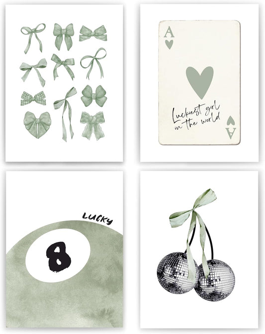 okaxscm Sage Green Coquette Trendy Preppy Wall Art Prints Set of 4, Coquette Preppy Room Decor Aesthetic, Green Bow Disco 8 Ball Cherry Wall Decor Posters for Girls Bedroom Dorm, 12x16 Unframed