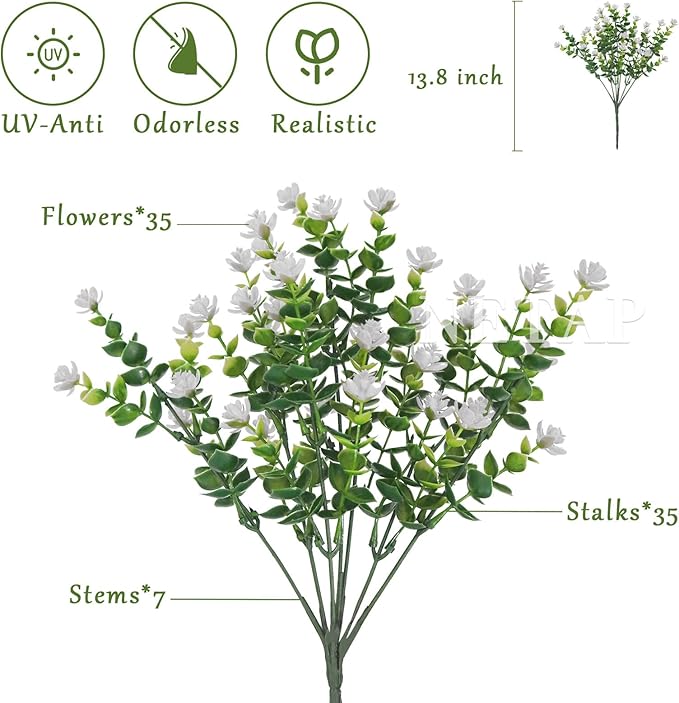 Outdoor Artificial Flowers UV Resistant, 20 Bundles Fake Realistic Floral Greenery Plants for Outside Porch, Window Boxes, Garden, Yard, Inside Home Table Decor, White