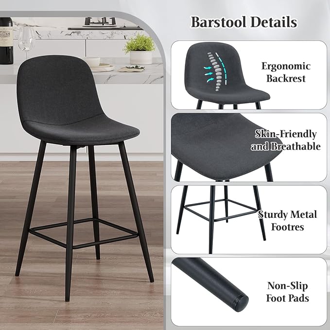 Counter Height Bar stools Set of 4, 24.6" Grey Kitchen Bar Stools with Back & Metal Footrest, Modern Island Chairs Set of 4 for Kitchens Island Home Bar
